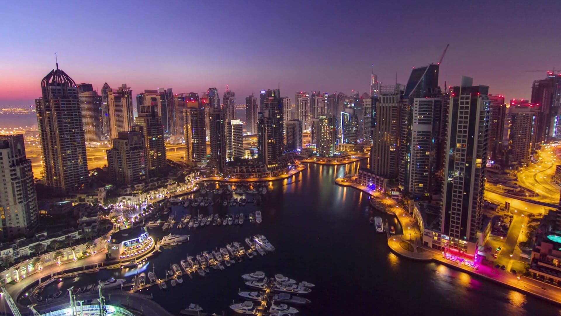 Dubai skyline overlooking illuminated skyscrapers